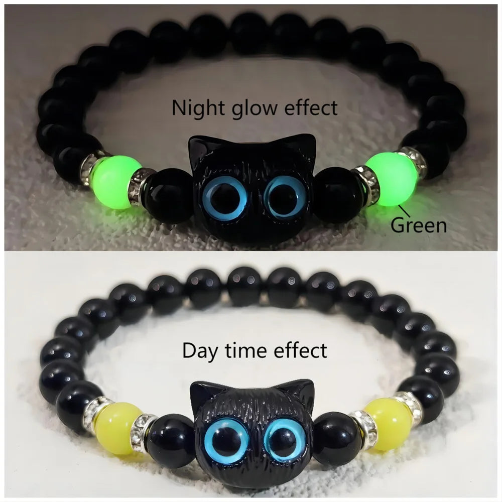 Luminous Cat Matching Bracelets for Couples | Glow-in-the-Dark Black & White Friendship Bangles | Cute Gift for Him & Her