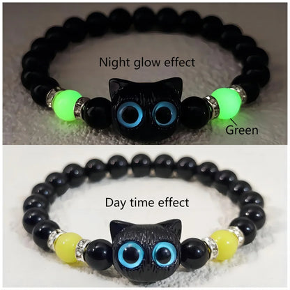 Luminous Cat Matching Bracelets for Couples | Glow-in-the-Dark Black & White Friendship Bangles | Cute Gift for Him & Her