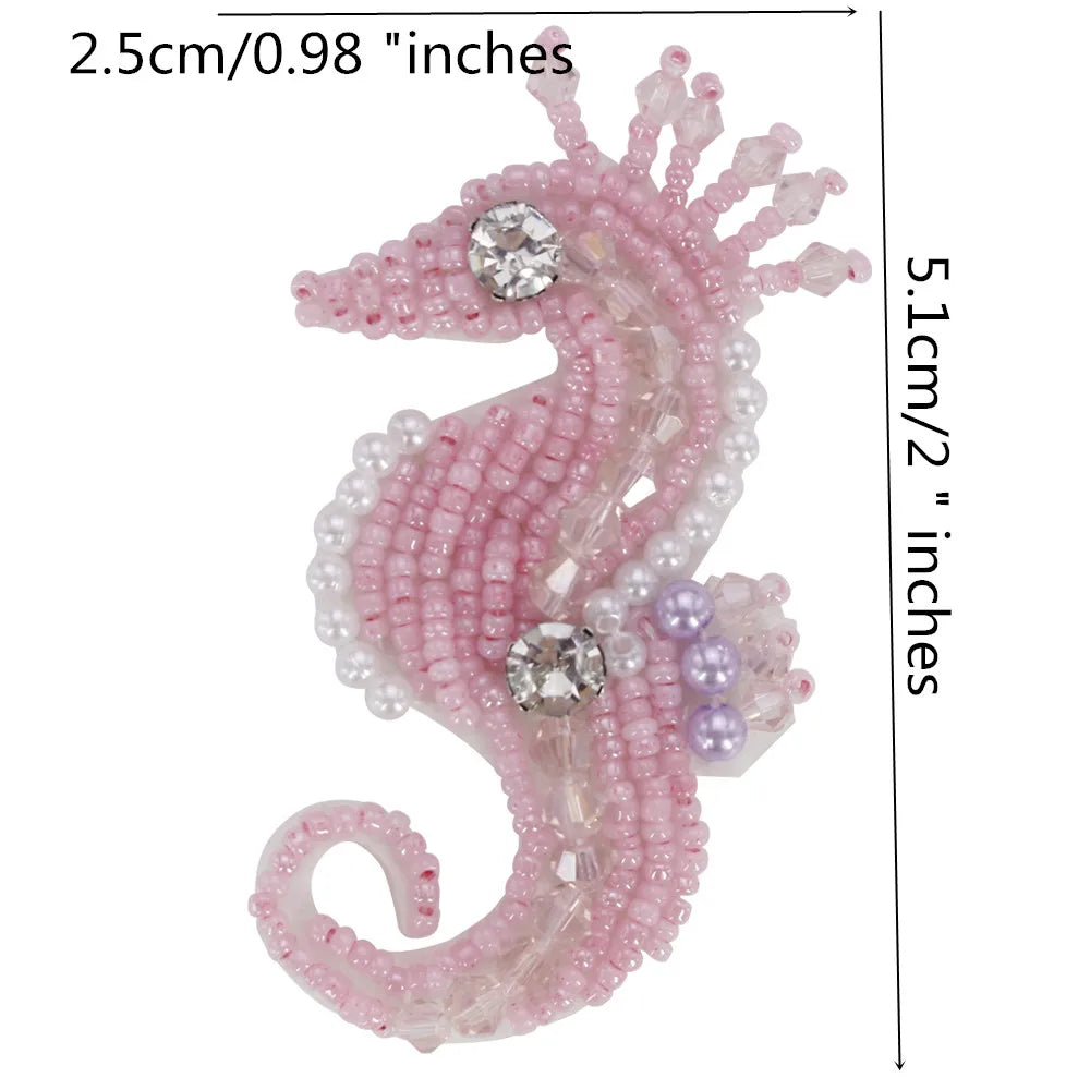Marine Series Rhinestone Patches - Handmade Shell Starfish Seahorse Leaf Beaded Sewing Appliques for DIY Clothing
