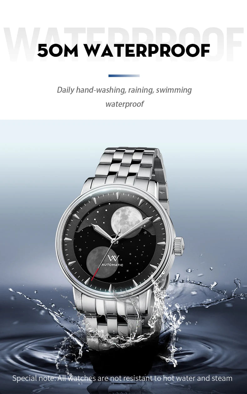WM Welly Merck Automatic Mechanical Men's Watch — Lunar Moon Phase, Sapphire, Waterproof, Luminous Twin Moons WM142