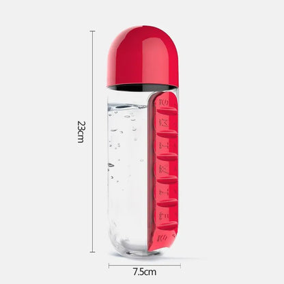 2-in-1 Organizer Water Bottle with Daily Pill Boxes (600ml, 7 Grids)