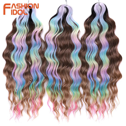 FASHION IDOL 24" Deep Wave Crochet Hair - 3-Piece Synthetic Water Wave Braiding Extensions, Ombre Rainbow Twist Hair