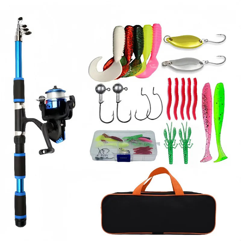 Fishing Pole Set – Full Kit with Telescopic Rod, Spinning Reel, Baits & Hooks, Portable Travel Fishing Gear
