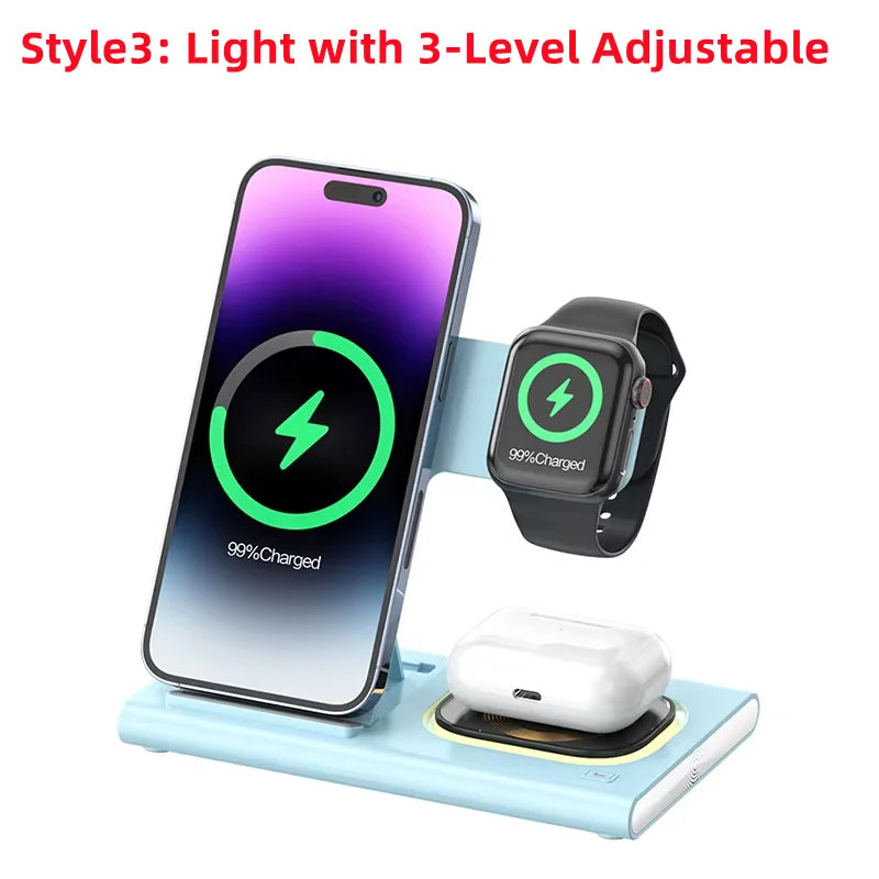 200W 3-in-1 Wireless Charging Stand – Foldable Fast Charging Dock for iPhone 16-8, Apple Watch & AirPods