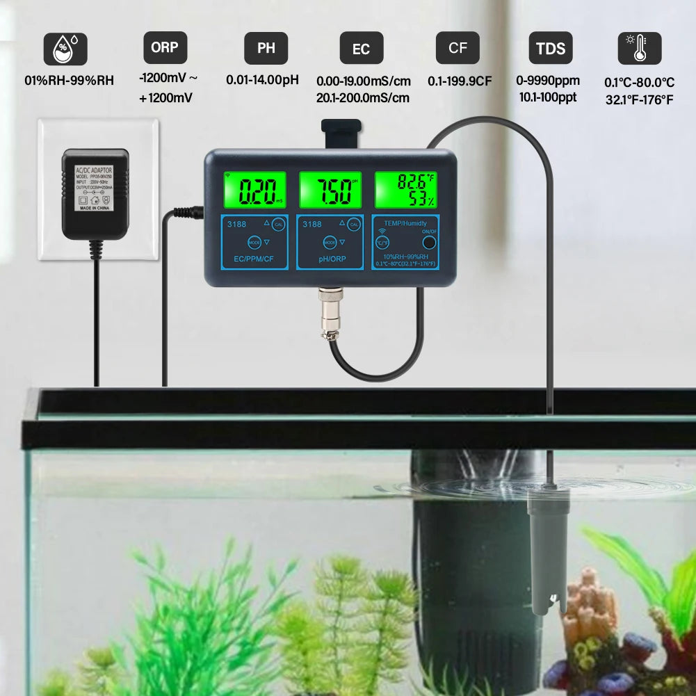 WiFi PH Meter & Water Tester – Temp, TDS, EC, ORP Smart Monitor for Aquariums, Hydroponics, Swimming Pools, Tuya APP Control