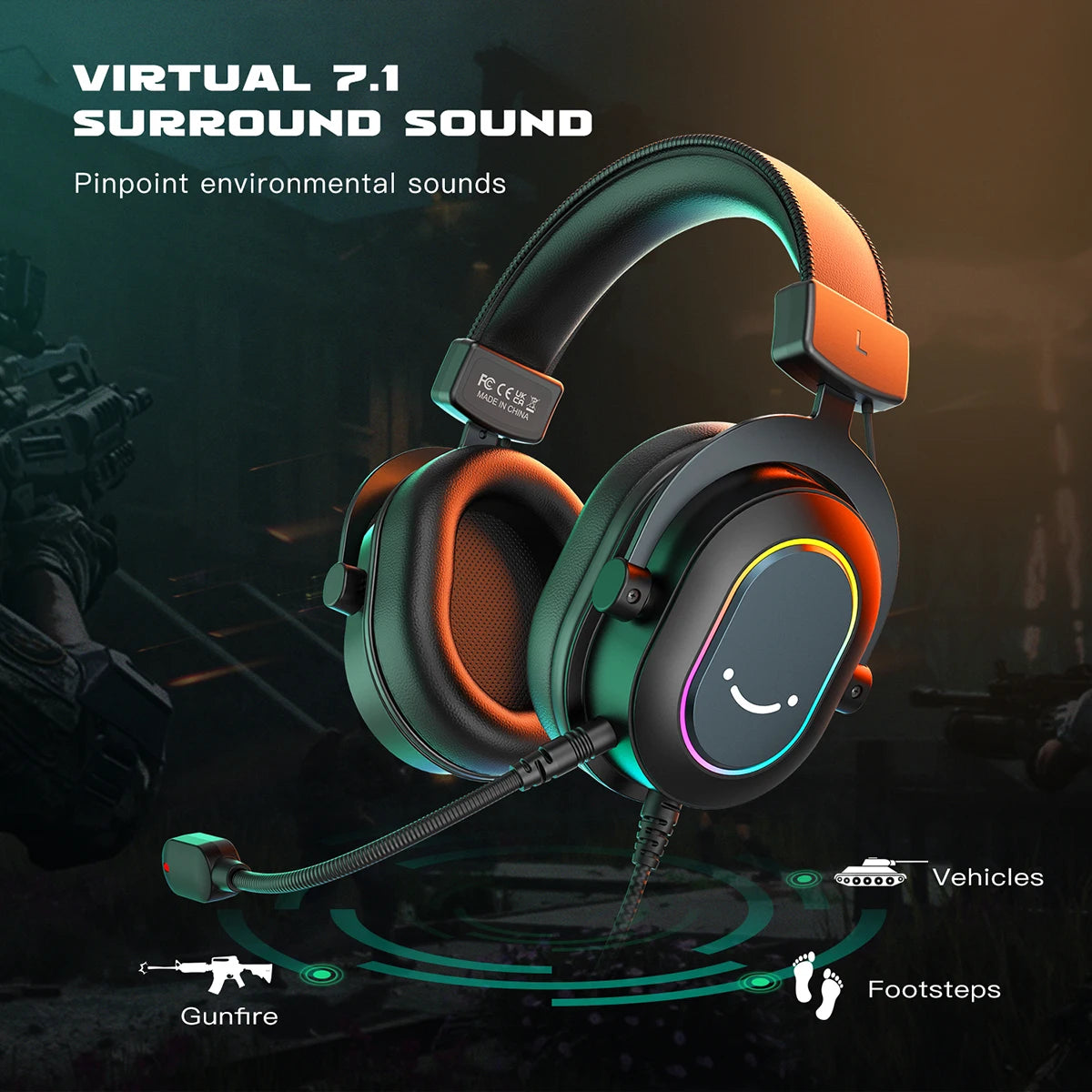 Fifine RGB Dynamic Gaming Headset — Over-Ear Mic Headphones with 7.1 Surround Sound & 3 EQ Modes for PC, PS4, PS5, Games & Music
