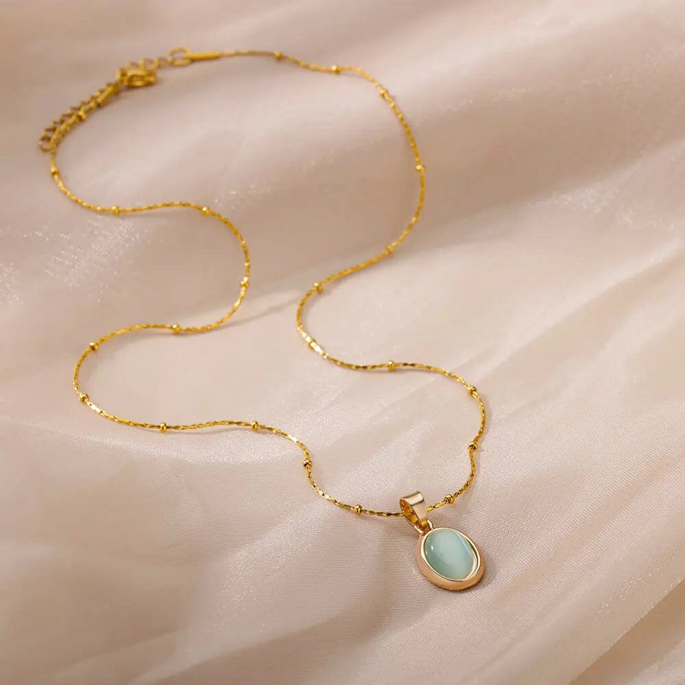 Fashion Opal Oval Necklace for Women – Gold Stainless Steel Pendant, Aesthetic Wedding Jewelry Gift