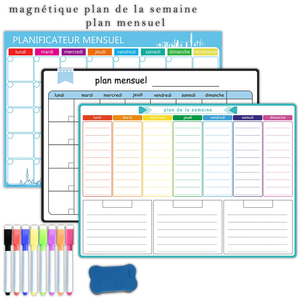 A3 Dry Erase Whiteboard Fridge Calendar – Weekly & Monthly Planner in Spanish, French, English