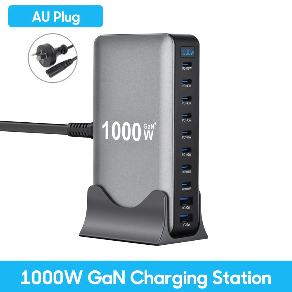 1000W 10-Port GaN Desktop Charger – 140W PD Fast Charging for MacBook Pro, 100W for Phone & Tablet, Multi-Port USB Hub Station