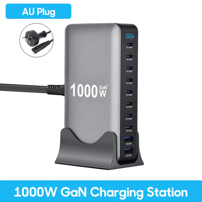 1000W 10-Port GaN Desktop Charger – 140W PD Fast Charging for MacBook Pro, 100W for Phone & Tablet, Multi-Port USB Hub Station