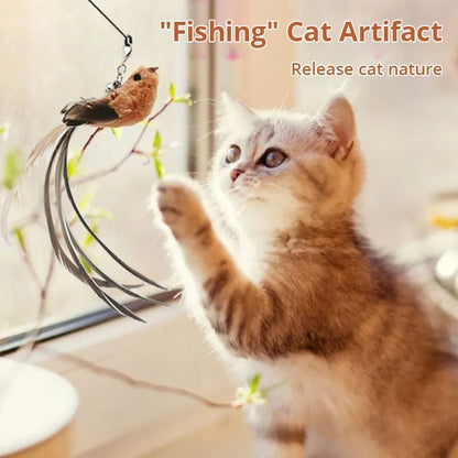 Upgraded Steel Wire Long Rod Feather Cat Teasing Stick: Epoxy Sucker, Self-Hi Cat Toy - No Harmful Ingredients