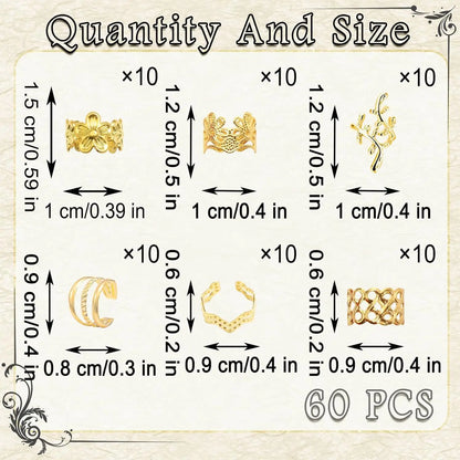 32-60PCS Human Hair Braiding Rings Kit — Gold, Silver & Wood Dreadlock Accessories Set for Men & Women Hair Styling