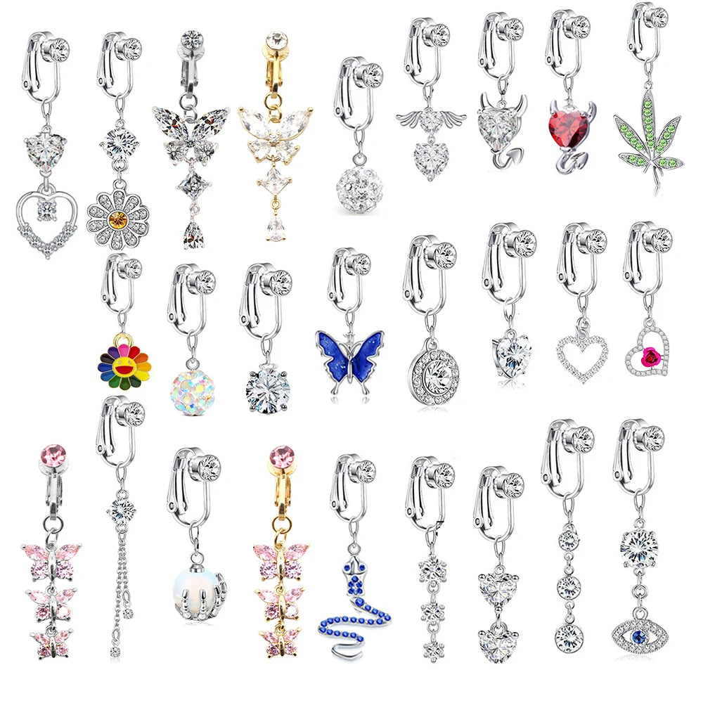 Faux Butterfly Leaves Belly Piercing – Dangling Clip-On Fake Navel & Cartilage Earring for Umbilical Piercing