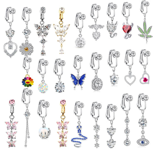 Faux Butterfly Leaves Belly Piercing – Dangling Clip-On Fake Navel & Cartilage Earring for Umbilical Piercing