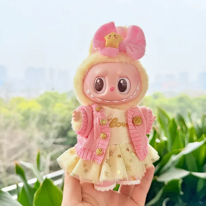 17cm Labubu Doll Clothes — Macaron Outfit Set with Hair Accessories | Cute DIY Gift for Kids