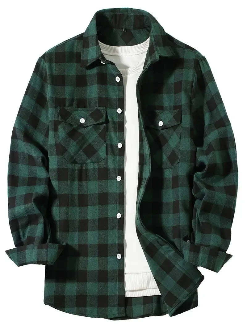 Men’s Brushed Cotton Flannel Shirt - Red Plaid Long Sleeve Business & Casual No-Iron Top