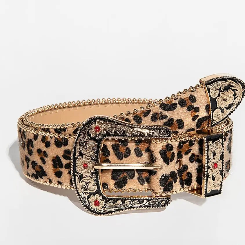 Vintage Gemstone Buckle Waist Belt - Leopard Floral Embossed Design with Pearl Edge for Women