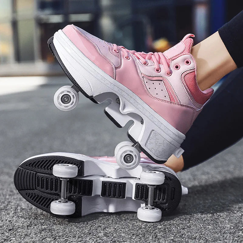 Dual Purpose Roller Skates Shoes - Adjustable Double Row 4-Wheel Deformation Roller Sneakers for Kids & Teens Size 33-44