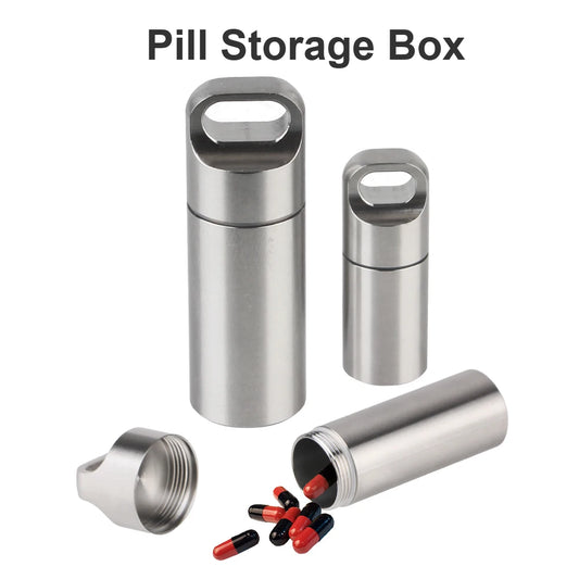 Stainless Steel Mini Pill Storage Box — S/M/L Waterproof Medicine Case with Keychain Seal Rings, Portable First Aid & Camping Pendant