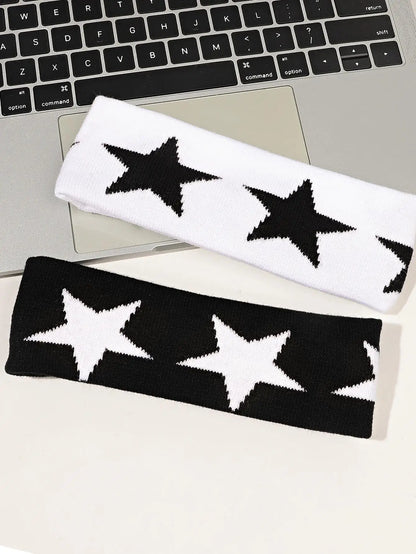 Black & White Star Headbands - Soft Non-Slip Hair Wraps for Women & Girls Yoga Workout & Fashion Accessory