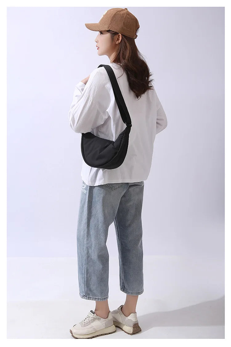 Solid Color Women's Portable Shoulder Bag – Simple Nylon Cloth Padded Crossbody Travel Purse & Messenger Bag
