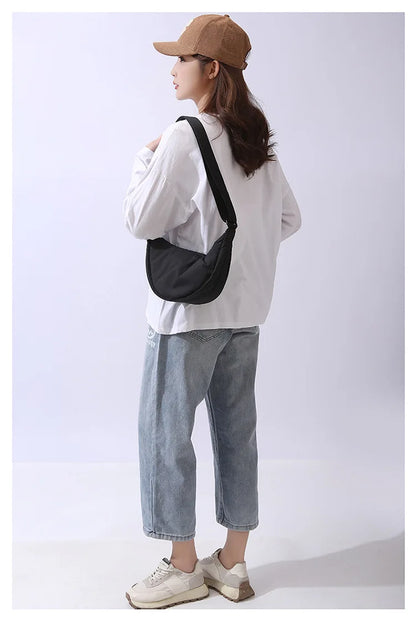 Solid Color Women's Portable Shoulder Bag – Simple Nylon Cloth Padded Crossbody Travel Purse & Messenger Bag