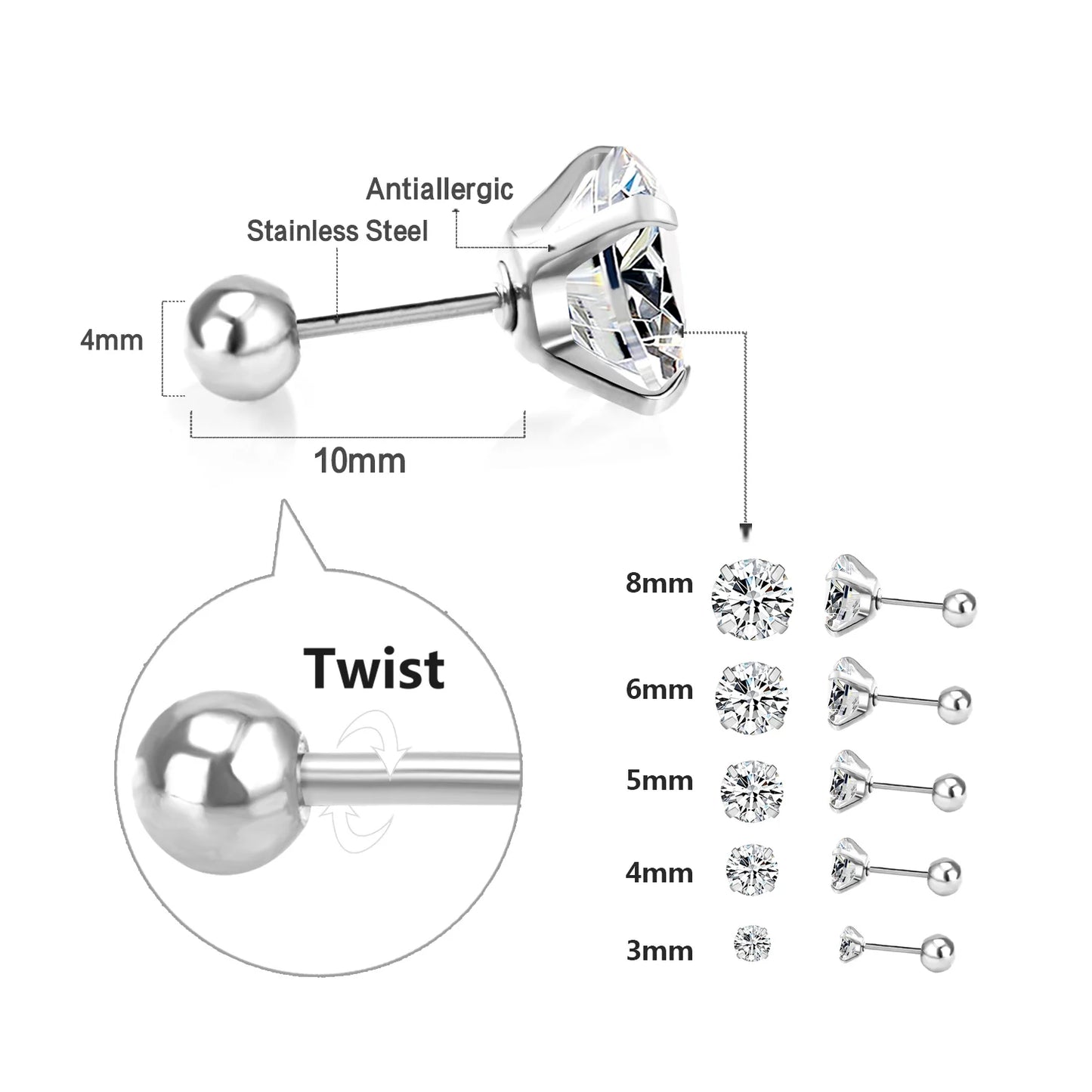 LUXUSTEEL Stainless Steel Crystal Stud Earrings –  4-Prong Cubic Zirconia Round Tragus Earrings for Women & Men
