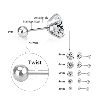 LUXUSTEEL Stainless Steel Crystal Stud Earrings –  4-Prong Cubic Zirconia Round Tragus Earrings for Women & Men
