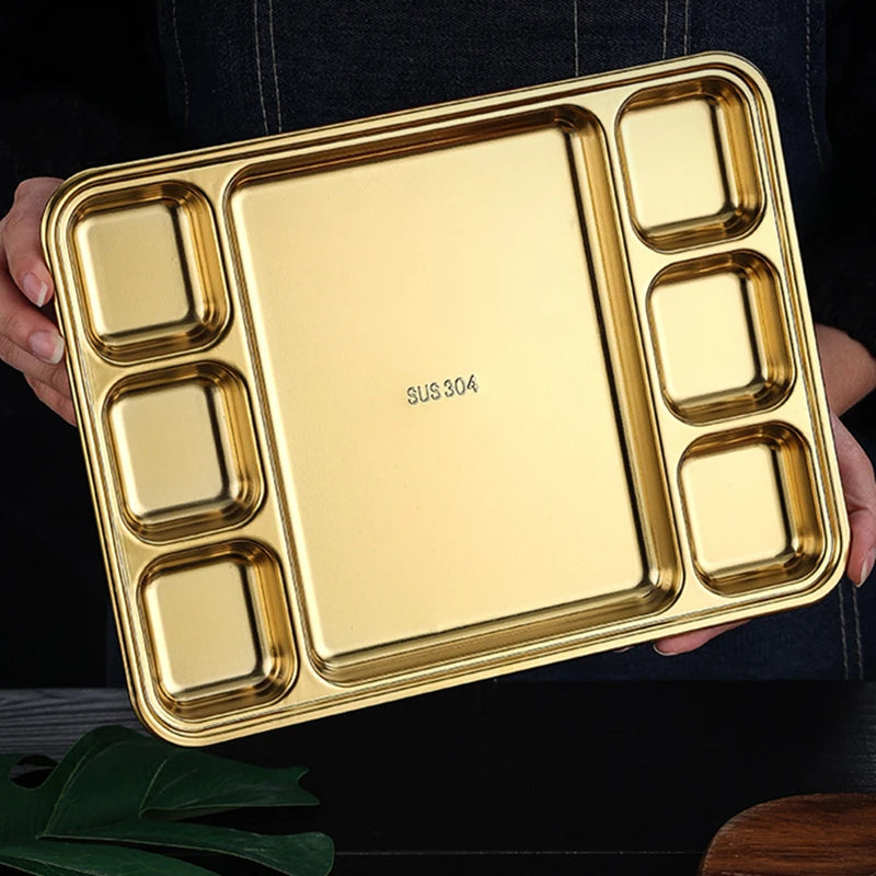 Gold Stainless Steel Divided Dining Plate – Compartment Food Serving Tray Kitchen Tableware