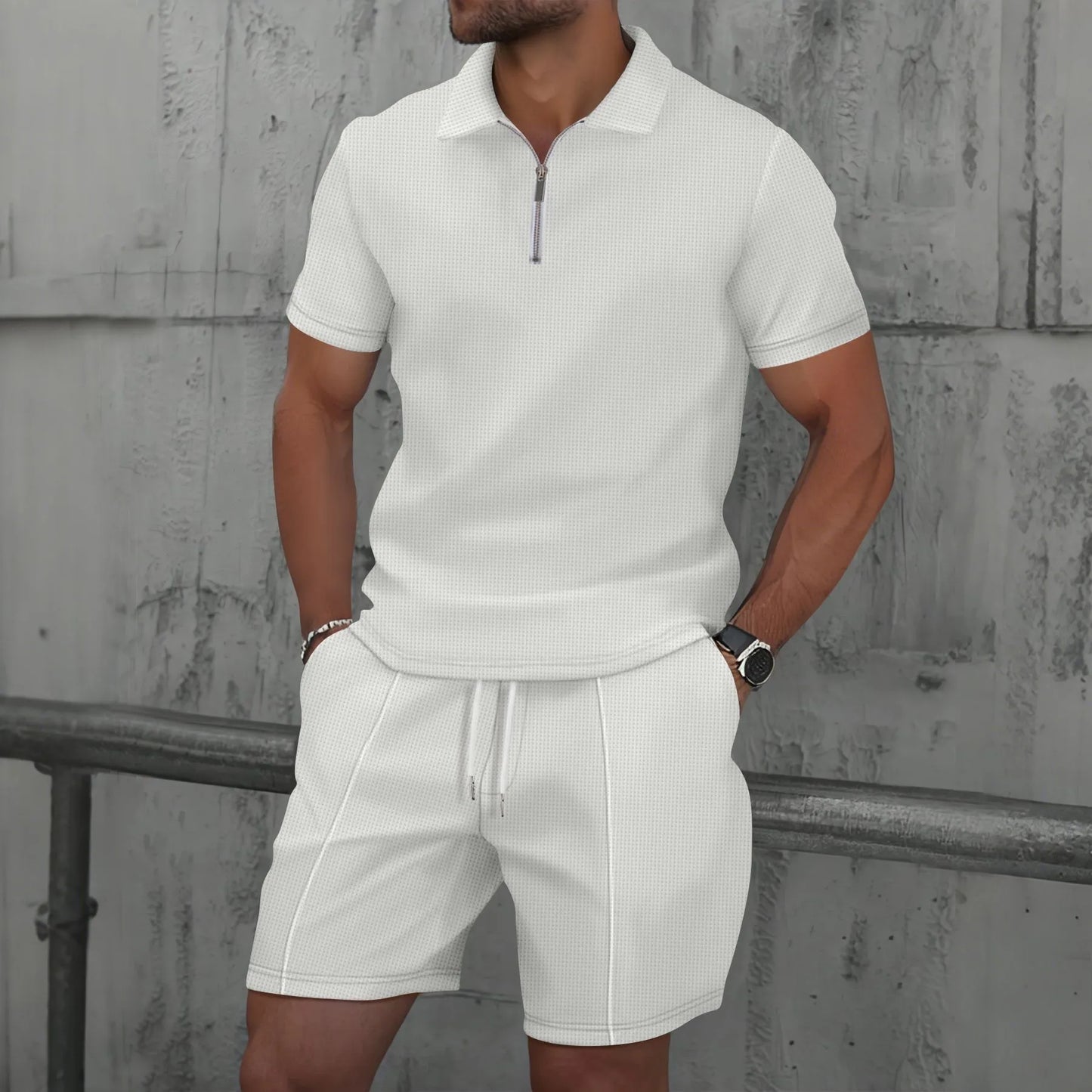 2025 Men's Summer Waffle Knit Short Set – Solid Color Zip-Up Lapel Shirt & Shorts | European & US Style