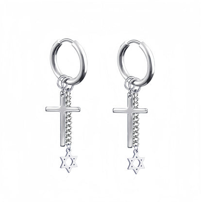 Long Hanging Cross & Leaf Hoop Earrings – Vintage Stainless Steel Hip Hop Unisex Jewelry Accessories