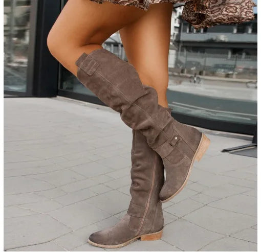 Women’s Thigh-High Suede Boots – Low Heel Side-Zip Knee-High Booties, Retro Autumn Winter Size 43