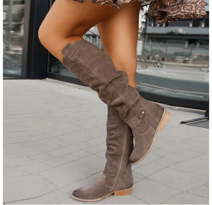 Women’s Thigh-High Suede Boots – Low Heel Side-Zip Knee-High Booties, Retro Autumn Winter Size 43