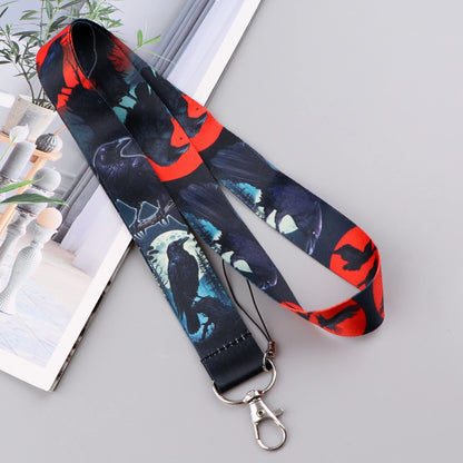 Black Crow Punk Skull Lanyard – Credential Holder Neck Strap for Keys, ID Cards & Phone Accessories, Halloween Gift