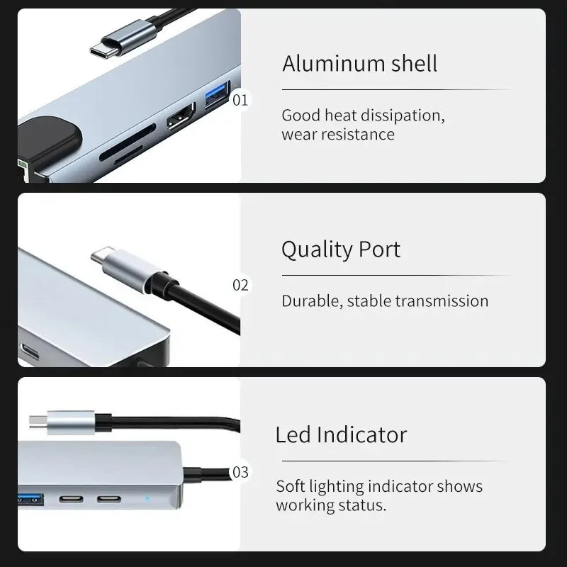 8-in-1 USB Type-C Hub Adapter – 4K HDMI, SD/TF Card Reader, RJ45, PD Fast Charging for MacBook & Notebook