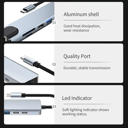 8-in-1 USB Type-C Hub Adapter – 4K HDMI, SD/TF Card Reader, RJ45, PD Fast Charging for MacBook & Notebook