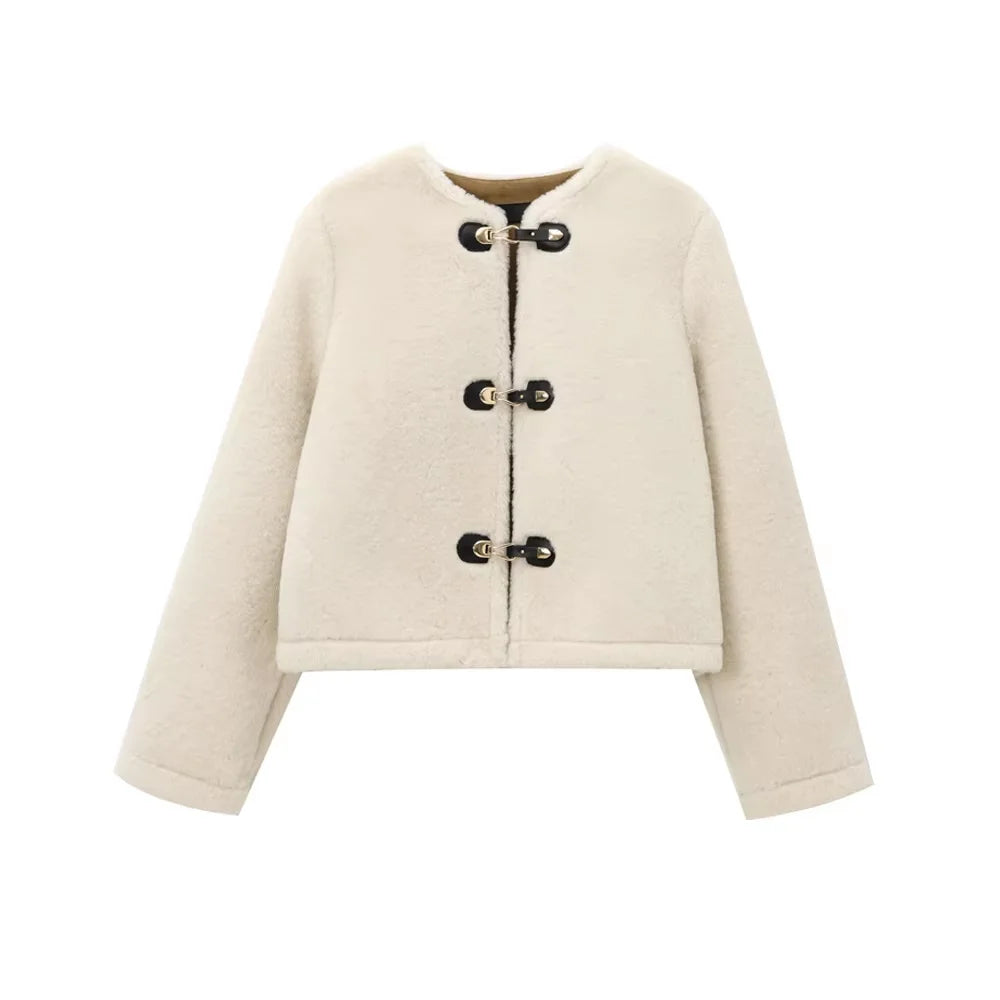 TRAF Women’s Thick Warm Faux Fur Jacket – Long Sleeve Coat with Front Toggle, Chic Fashion Outerwear