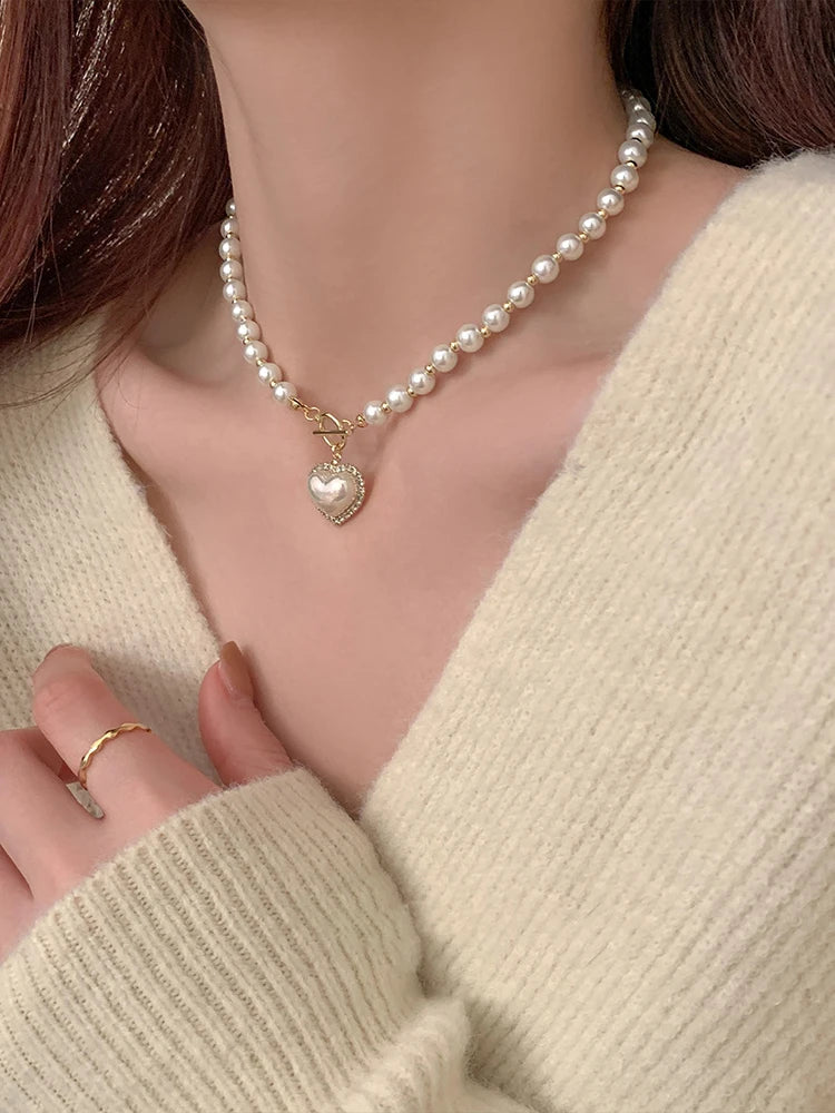 Elegant Pearl Necklace for Women – Heart Pendant Luxury Imitation Pearls Chain, Korean Jewelry Gift for Girls