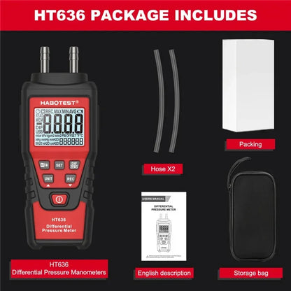 HT636 Digital Manometer - Handheld Differential Air Pressure Gauge with 12 Measurement Units for HVAC Testing