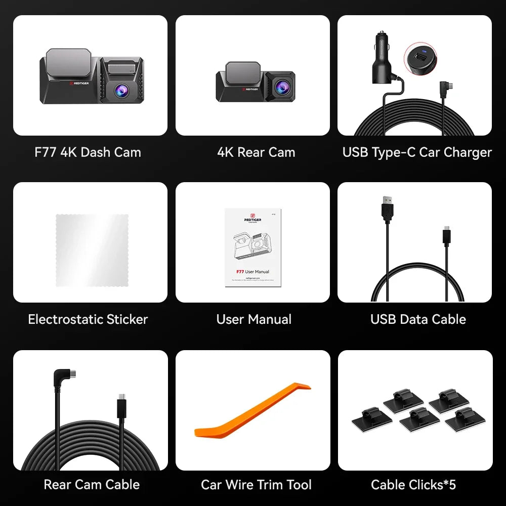REDTIGER F77 Dashcam – Front and Rear 4K+4K HDR, Sony STARVIS 2 Super Night Vision, Voice Control, 5.8GHz WiFi Dual Dash Cam