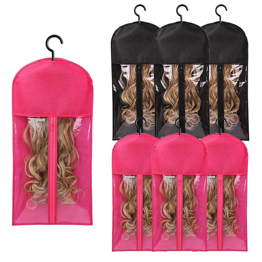 6pcs Long Hair Extension Storage Bags | Non-Woven Dust-Proof Carrier with Plastic Hanger for Home & Salon Organization