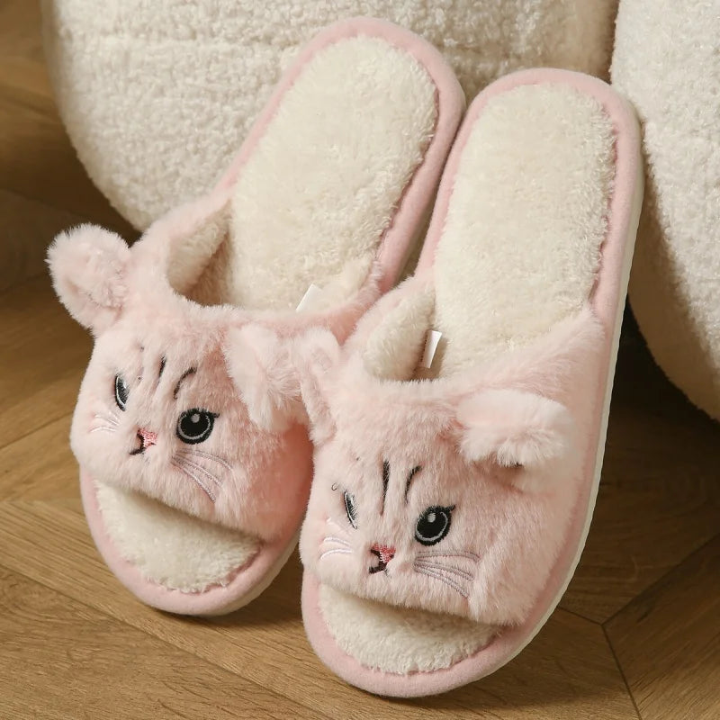 Cute Cat Plush Flip Flops - Warm Fuzzy Cartoon Animal Indoor House Slippers