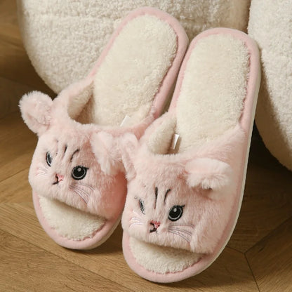 Cute Cat Plush Flip Flops - Warm Fuzzy Cartoon Animal Indoor House Slippers