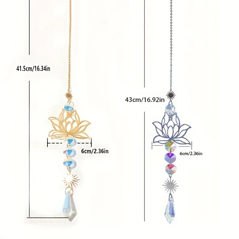 Metal Lotus & Crystal Suncatcher Charm – Handmade Wind Chime Pendant for Home, Garden, and Outdoor Decoration