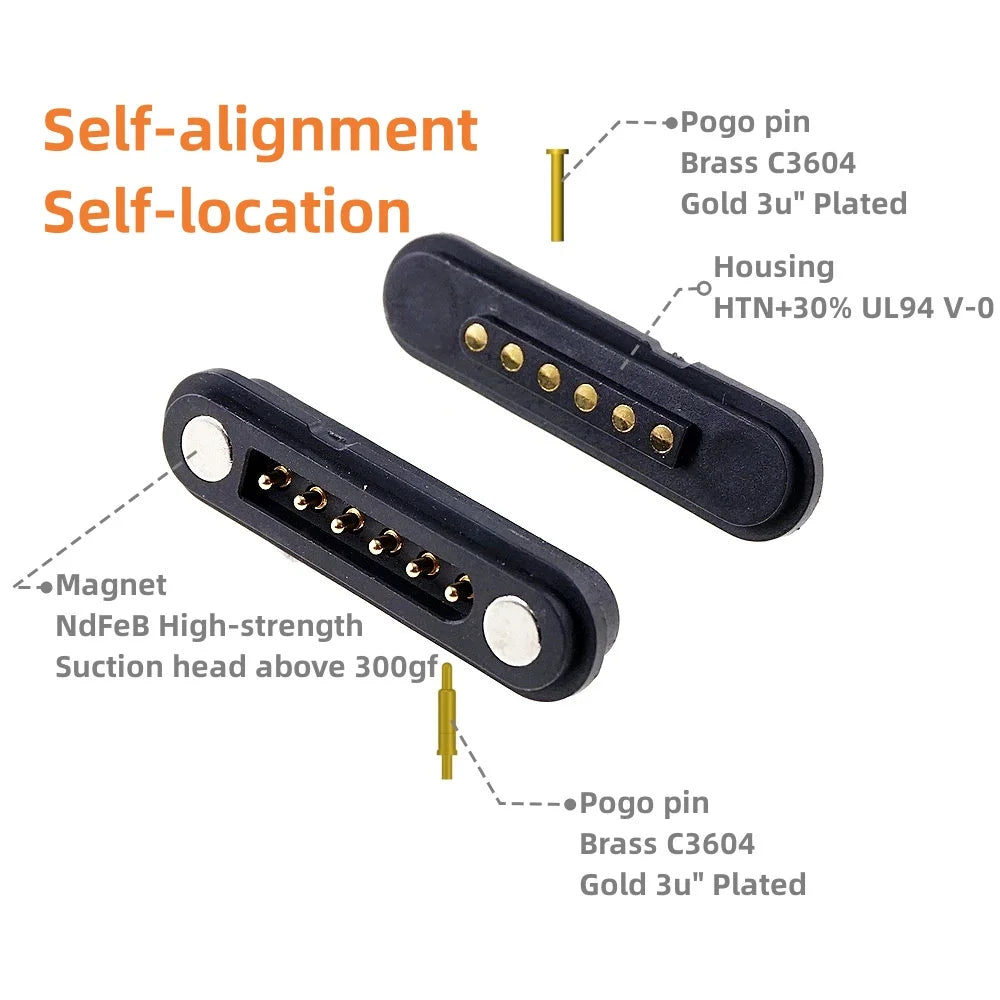 2A Waterproof Magnetic Pogo Pin Connector – 2.54mm Spring-Loaded DC Power Socket, 2-6 Positions