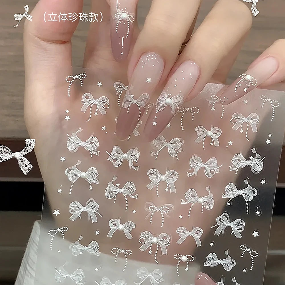 5D White Lace Bowknot Nail Art Stickers – Self-Adhesive Pearl Ribbon Luxury Nail Decals for DIY Manicure Decoration