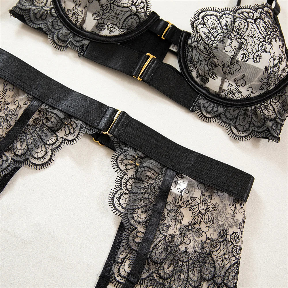 Krasapt Luxury Black Flower Embroidery Lingerie – 4PC Mesh Bra, Thong & Garter Erotic Set
