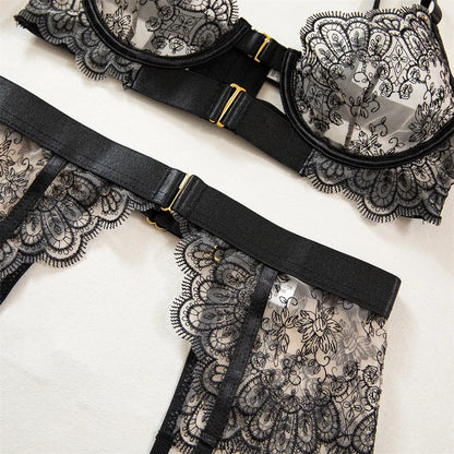Krasapt Luxury Black Flower Embroidery Lingerie – 4PC Mesh Bra, Thong & Garter Erotic Set