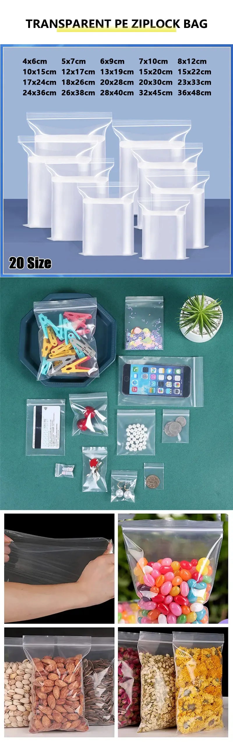 100PCS Thick Zipper Sealed Bags – Clear Plastic Storage Bags for Jewelry, Food Packing, Reclosable Ziplock Bags