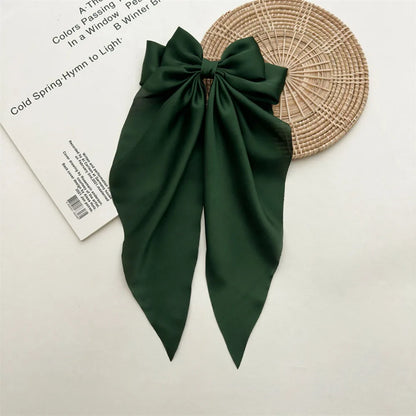 Ladies Satin Oversized Ribbon Bow Hair Clip – White, Pink, Red, Blue, Black, Long Tail Spring Clip for Ponytail Hair Accessories